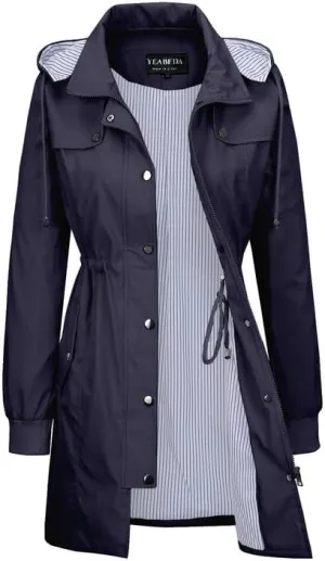 Womens Raincoat Waterproof with Hood Lightweight Windbreaker Rain Jacket Trench Coats Striped Lined
