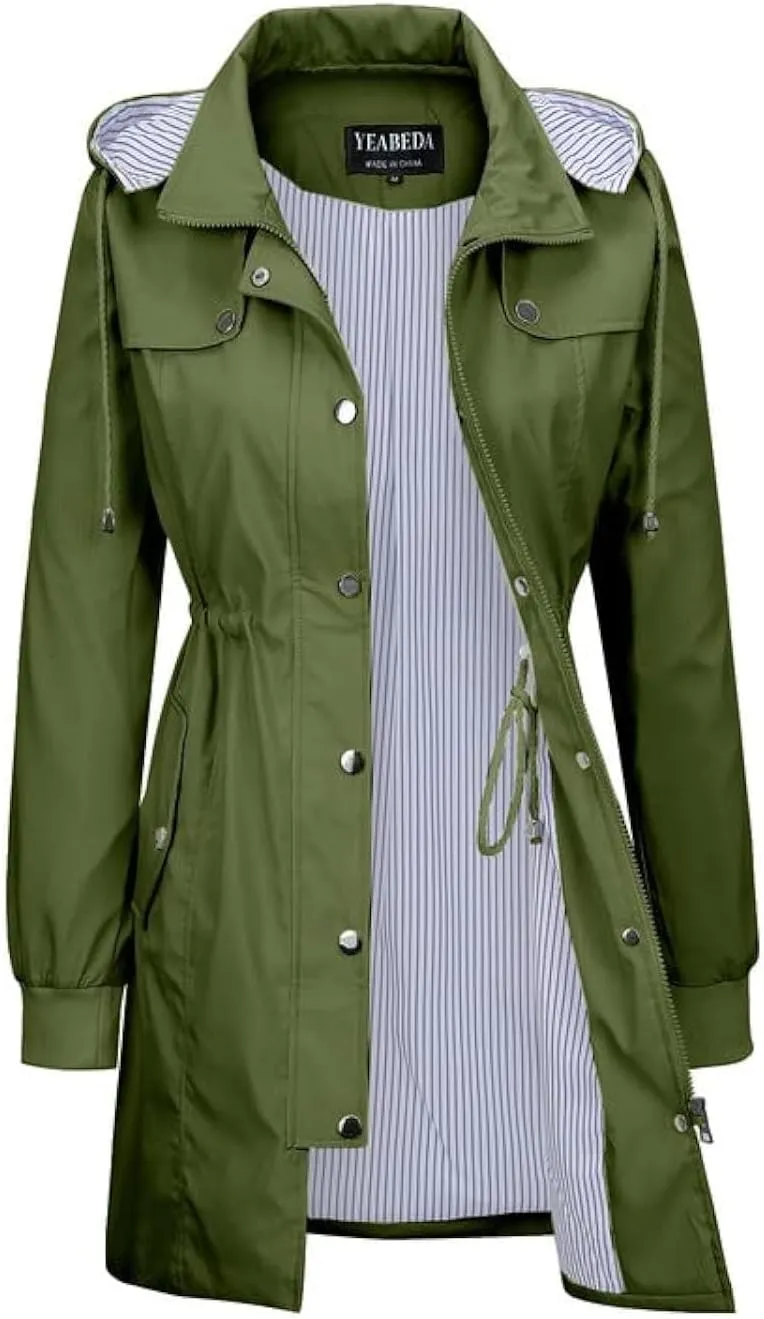 Womens Raincoat Waterproof with Hood Lightweight Windbreaker Rain Jacket Trench Coats Striped Lined