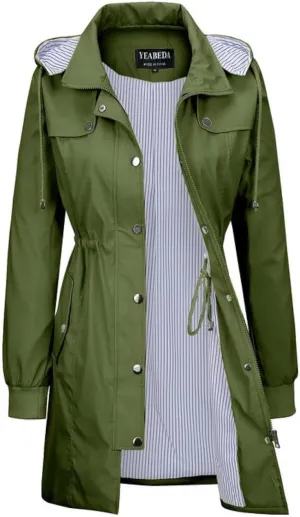 Womens Raincoat Waterproof with Hood Lightweight Windbreaker Rain Jacket Trench Coats Striped Lined