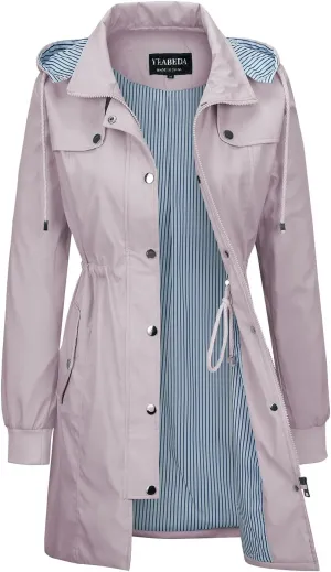 Womens Raincoat Waterproof with Hood Lightweight Windbreaker Rain Jacket Trench Coats Striped Lined