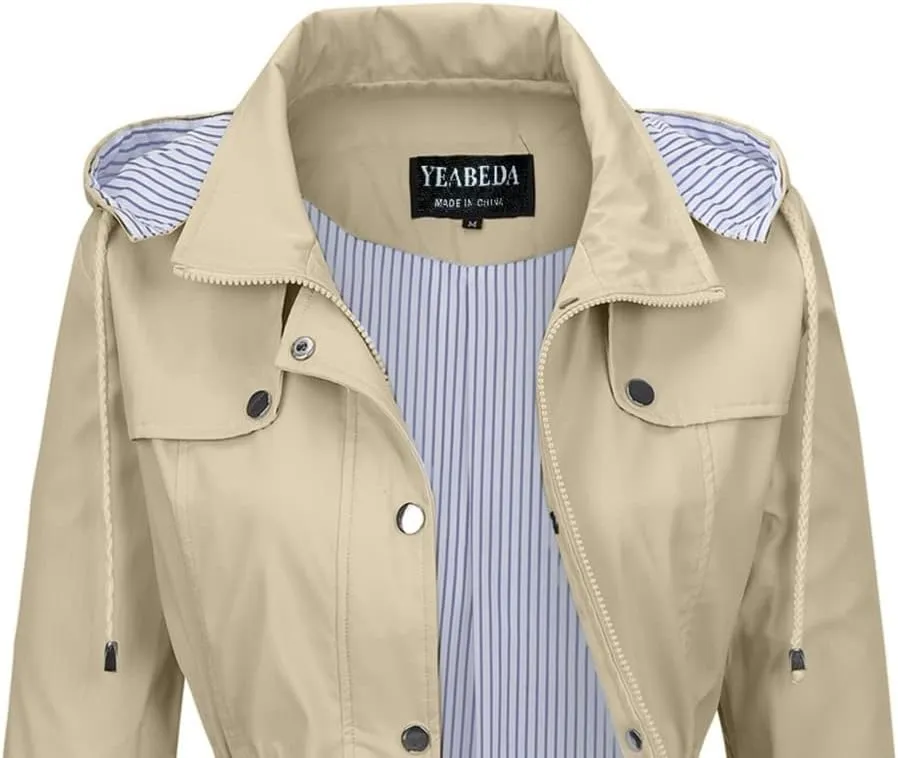 Womens Raincoat Waterproof with Hood Lightweight Windbreaker Rain Jacket Trench Coats Striped Lined