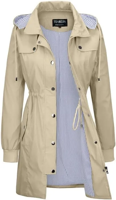 Womens Raincoat Waterproof with Hood Lightweight Windbreaker Rain Jacket Trench Coats Striped Lined