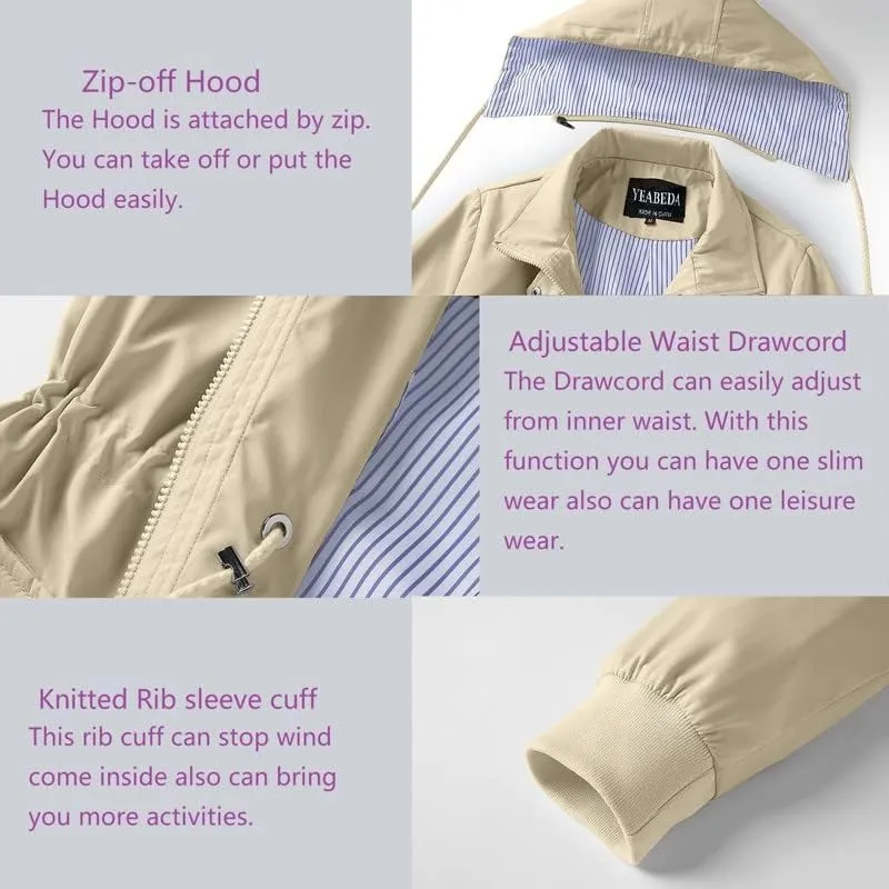 Womens Raincoat Waterproof with Hood Lightweight Windbreaker Rain Jacket Trench Coats Striped Lined
