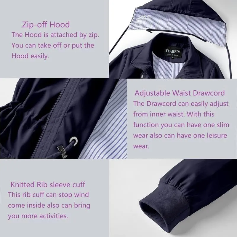 Womens Raincoat Waterproof with Hood Lightweight Windbreaker Rain Jacket Trench Coats Striped Lined
