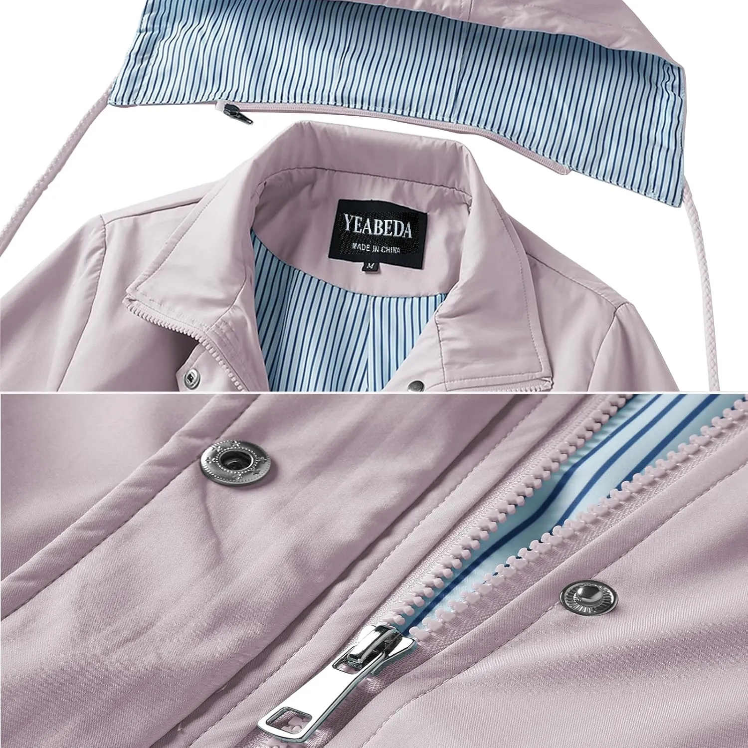 Womens Raincoat Waterproof with Hood Lightweight Windbreaker Rain Jacket Trench Coats Striped Lined