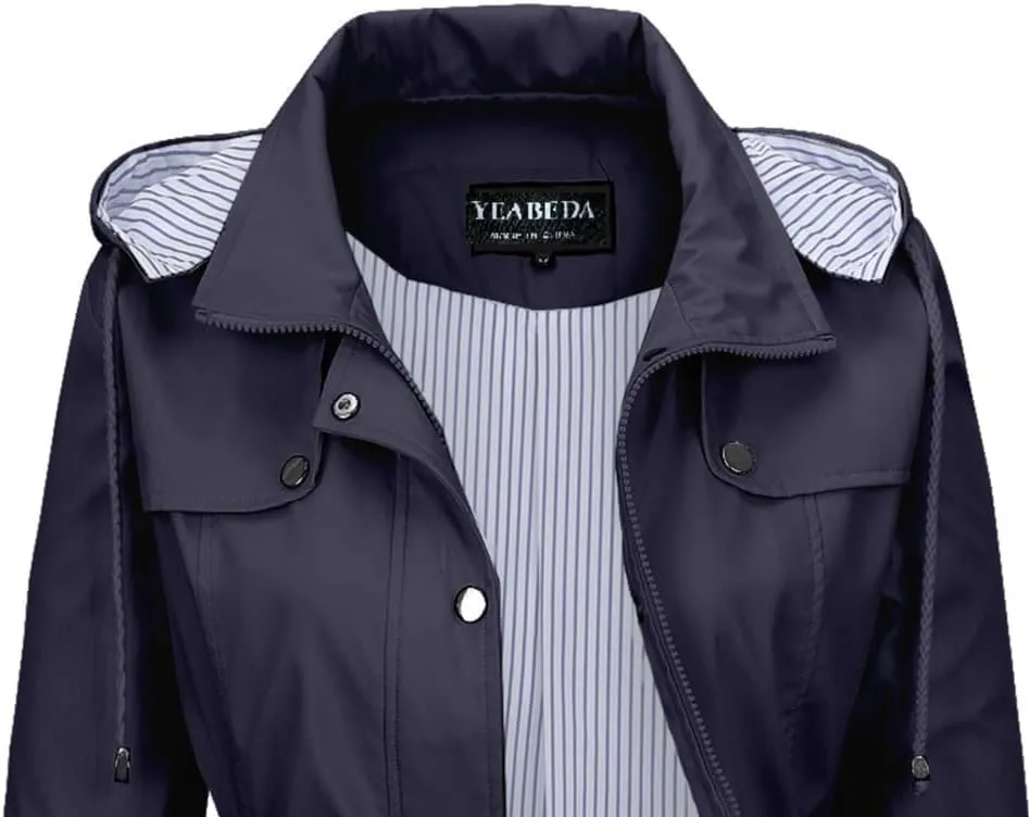 Womens Raincoat Waterproof with Hood Lightweight Windbreaker Rain Jacket Trench Coats Striped Lined