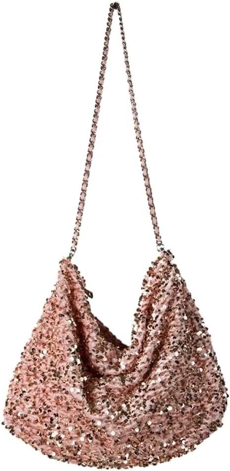 Women's Shiny Shoulder Bag Fashion Crossbody Bag Large Totes Soft Handbag Y2k Purse Top Handle Bag with Chain