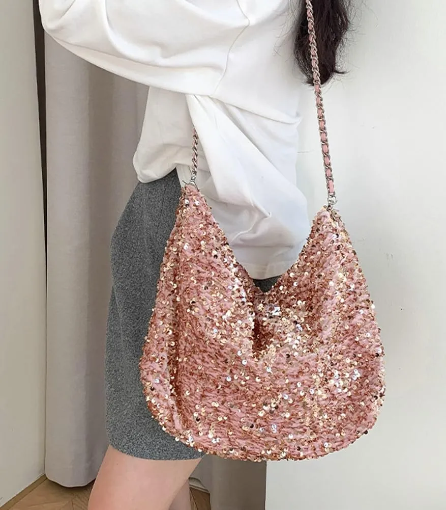 Women's Shiny Shoulder Bag Fashion Crossbody Bag Large Totes Soft Handbag Y2k Purse Top Handle Bag with Chain