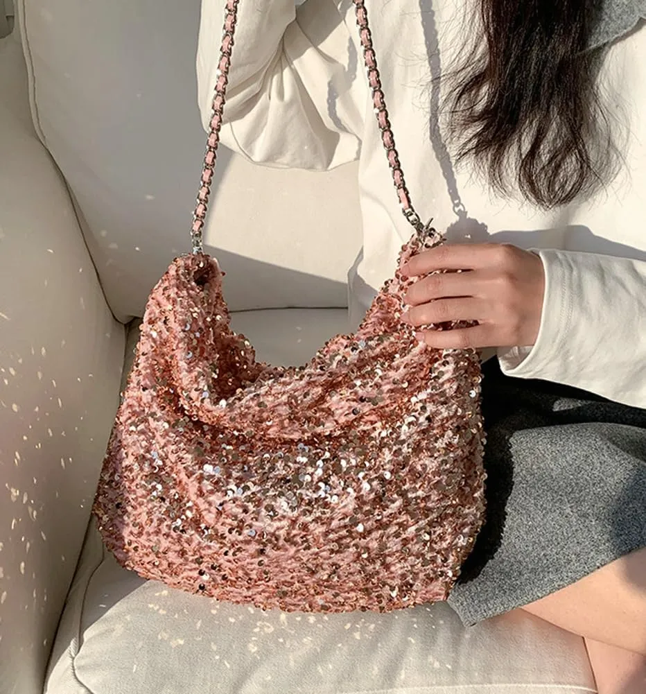 Women's Shiny Shoulder Bag Fashion Crossbody Bag Large Totes Soft Handbag Y2k Purse Top Handle Bag with Chain