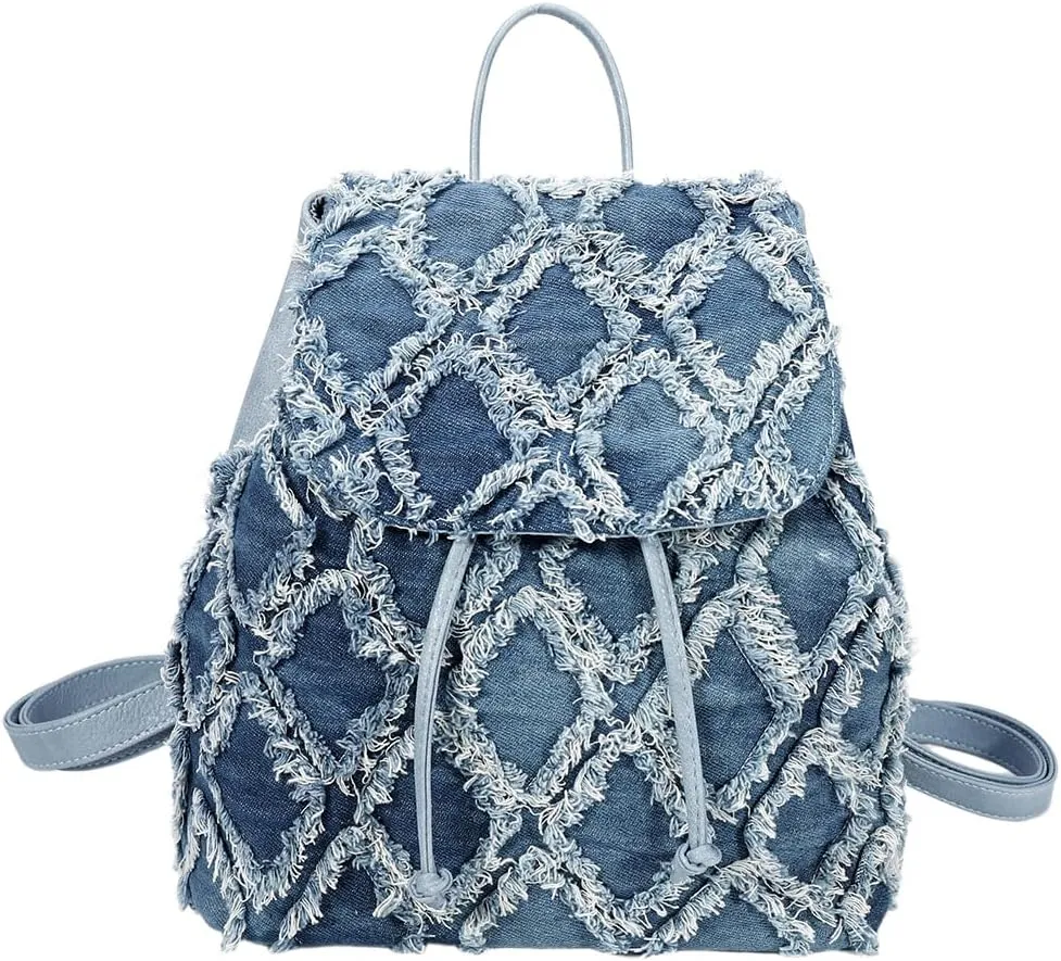 Women's Small Denim Backpack Tie-dyeing Quilted Distressed Mini Daypack