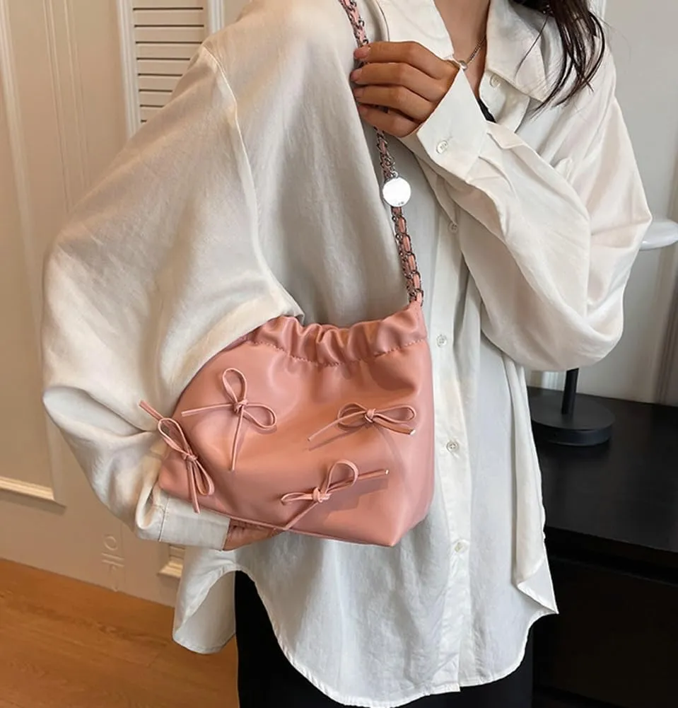 Women's Soft PU Leather Shoulder Bag Y2K Bow Bucket Totes Handbag Fashion Purse Satchel with Chain