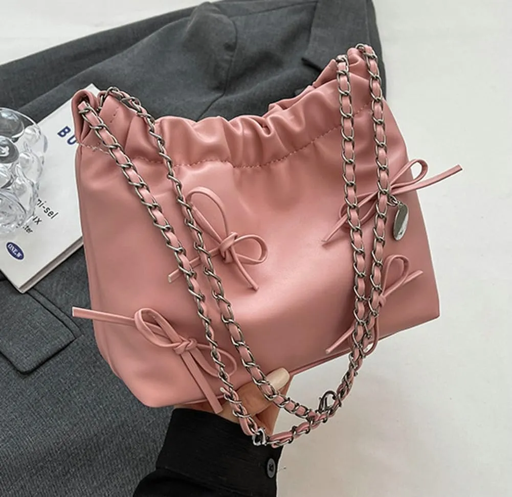 Women's Soft PU Leather Shoulder Bag Y2K Bow Bucket Totes Handbag Fashion Purse Satchel with Chain