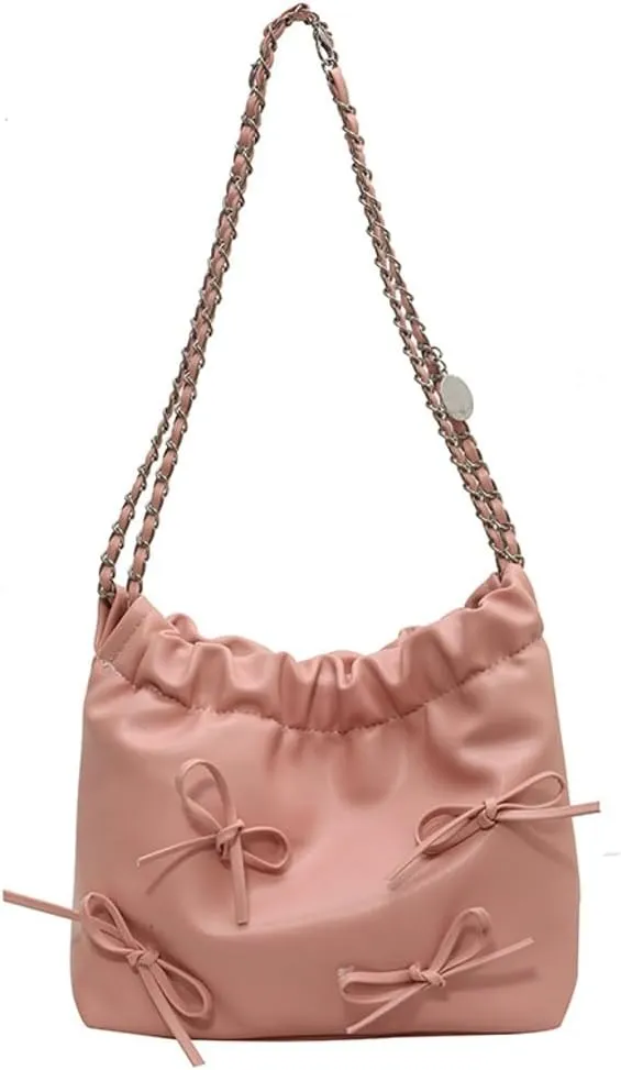 Women's Soft PU Leather Shoulder Bag Y2K Bow Bucket Totes Handbag Fashion Purse Satchel with Chain