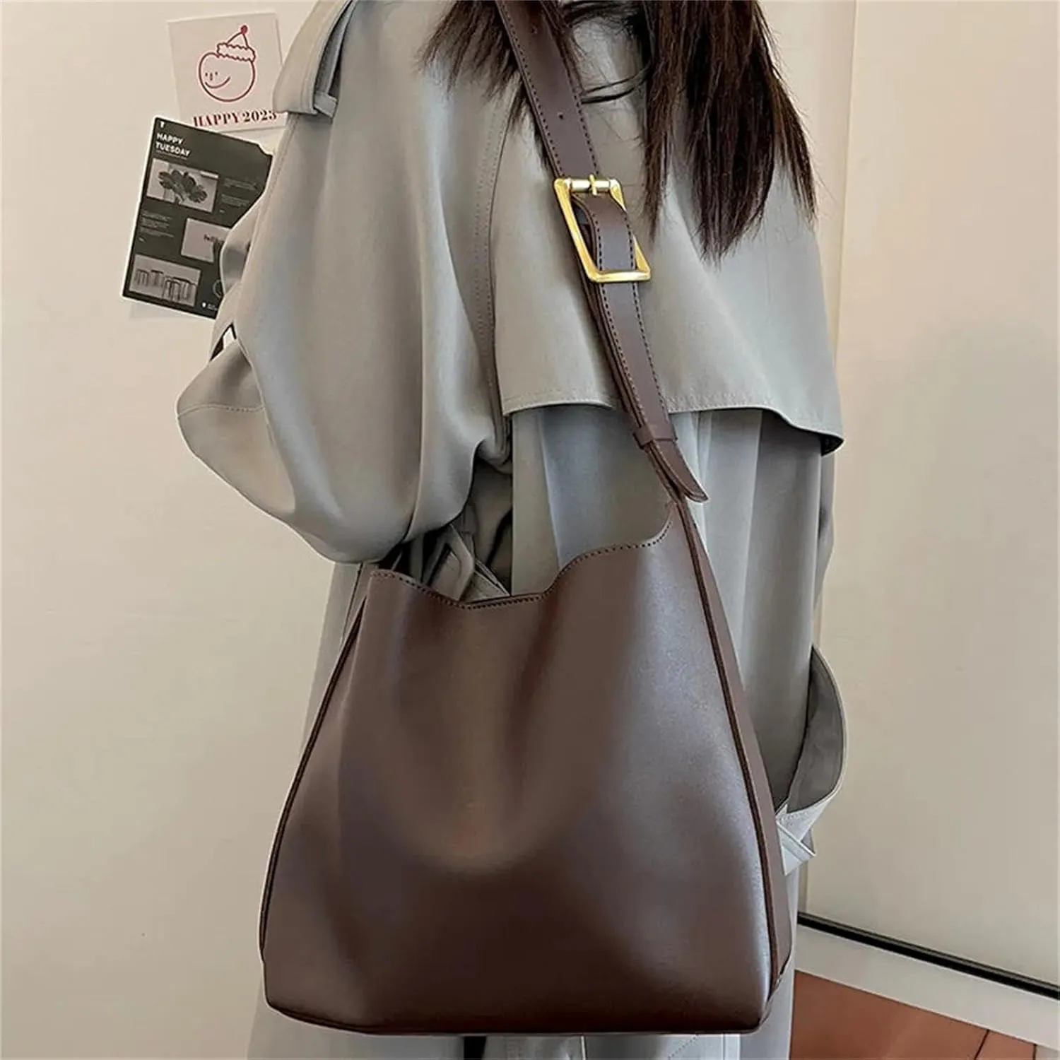 Women's Solid Color Tote Bag Two-Piece Set, Fashionable Bucket Large Capacity Casual Two-Piece Shoulder Messenger Bag