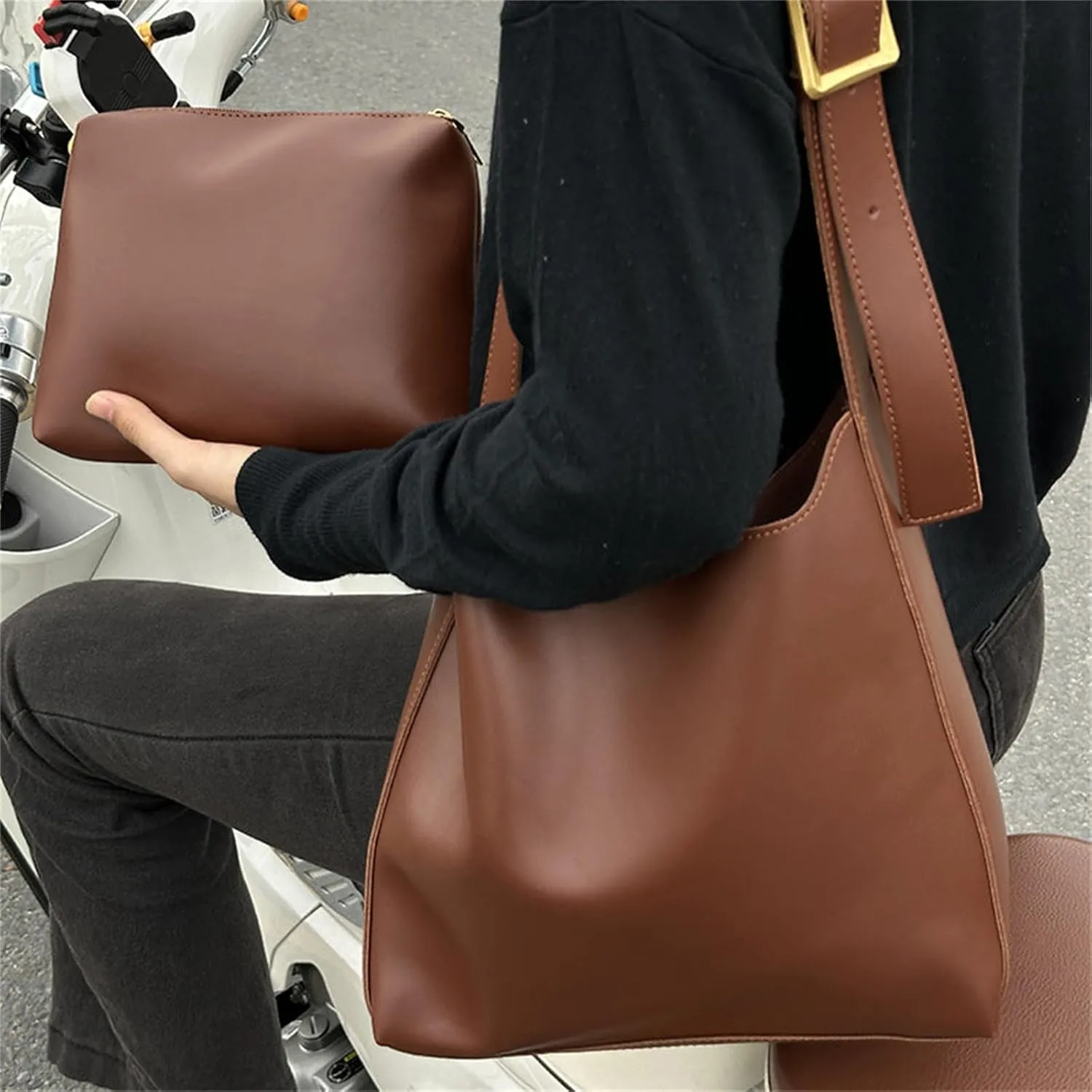 Women's Solid Color Tote Bag Two-Piece Set, Fashionable Bucket Large Capacity Casual Two-Piece Shoulder Messenger Bag