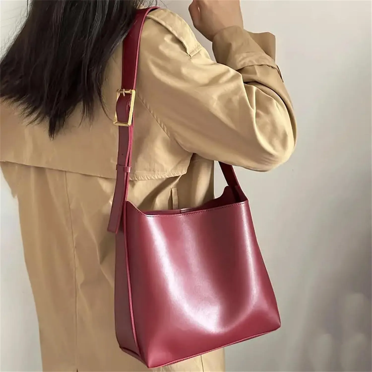 Women's Solid Color Tote Bag Two-Piece Set, Fashionable Bucket Large Capacity Casual Two-Piece Shoulder Messenger Bag
