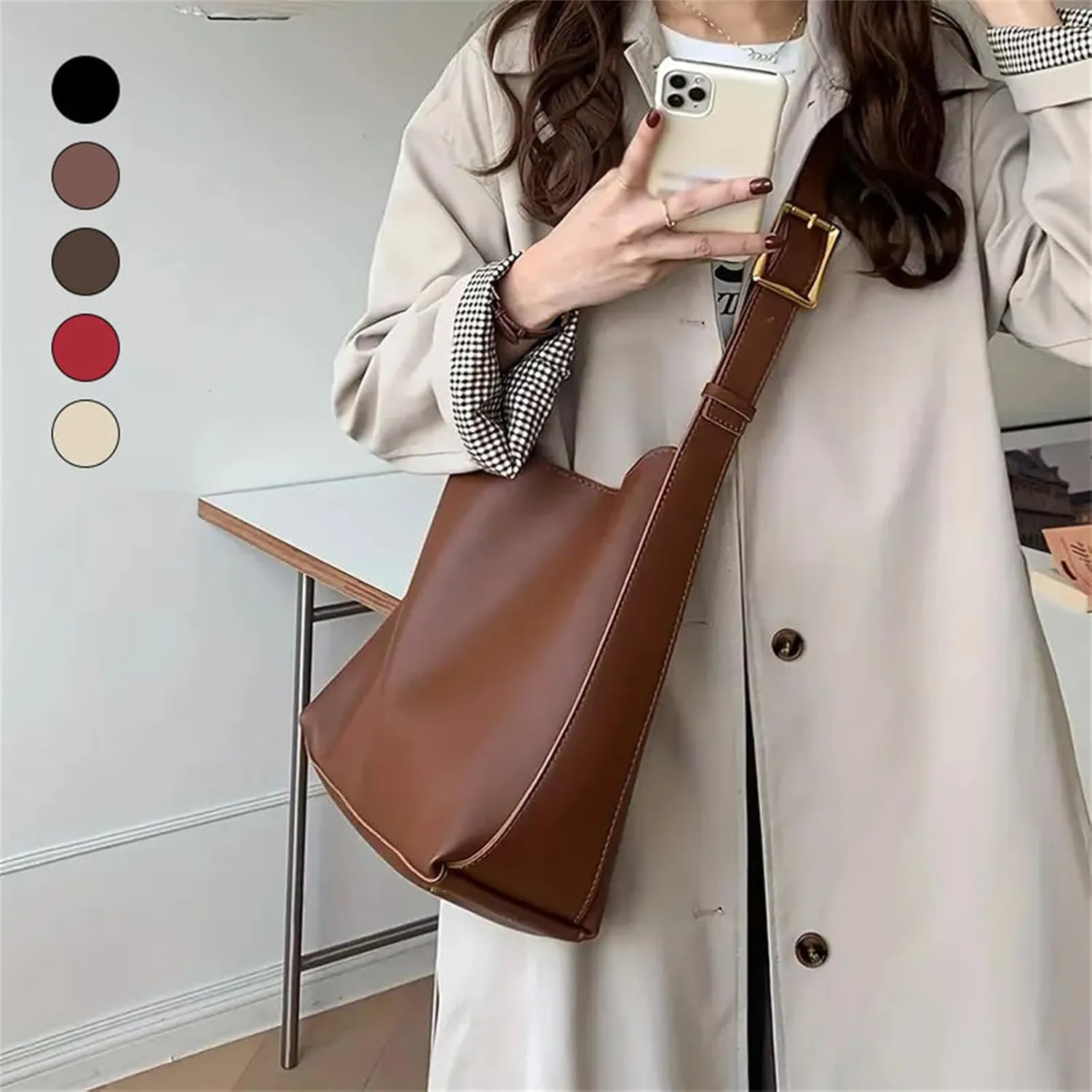 Women's Solid Color Tote Bag Two-Piece Set, Fashionable Bucket Large Capacity Casual Two-Piece Shoulder Messenger Bag