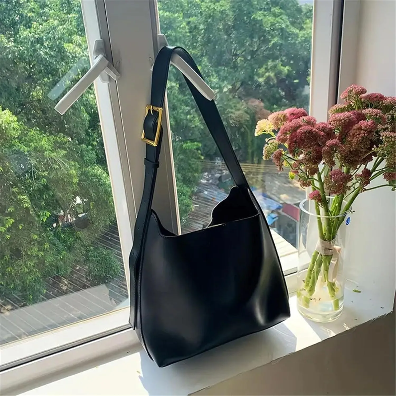 Women's Solid Color Tote Bag Two-Piece Set, Fashionable Bucket Large Capacity Casual Two-Piece Shoulder Messenger Bag