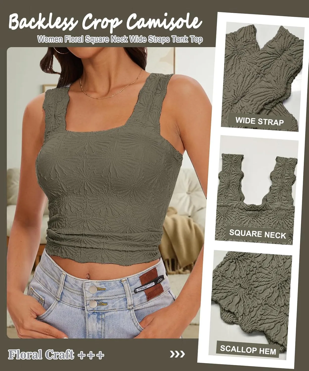 Women’s Square Neck Wide Strap Flower Cropped Tank Top Backless Lettuce Trim Slim Fit Love Letter Cami Vest