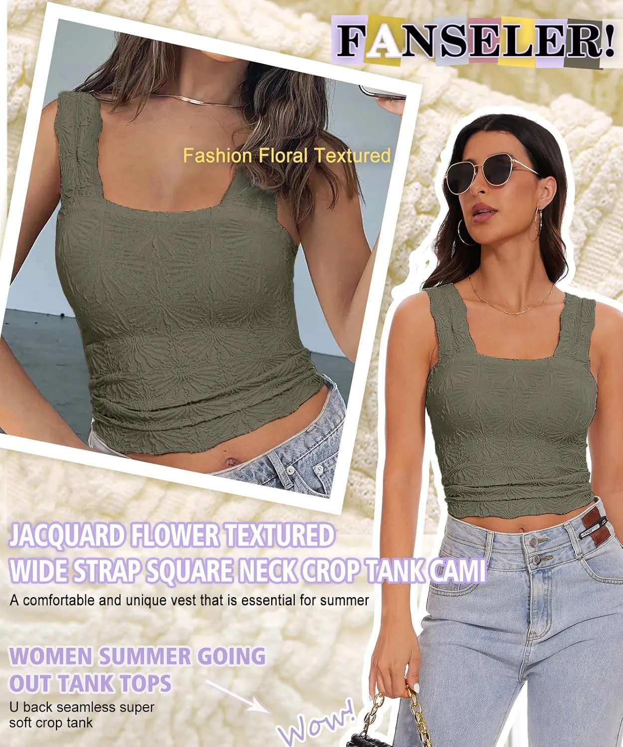 Women’s Square Neck Wide Strap Flower Cropped Tank Top Backless Lettuce Trim Slim Fit Love Letter Cami Vest