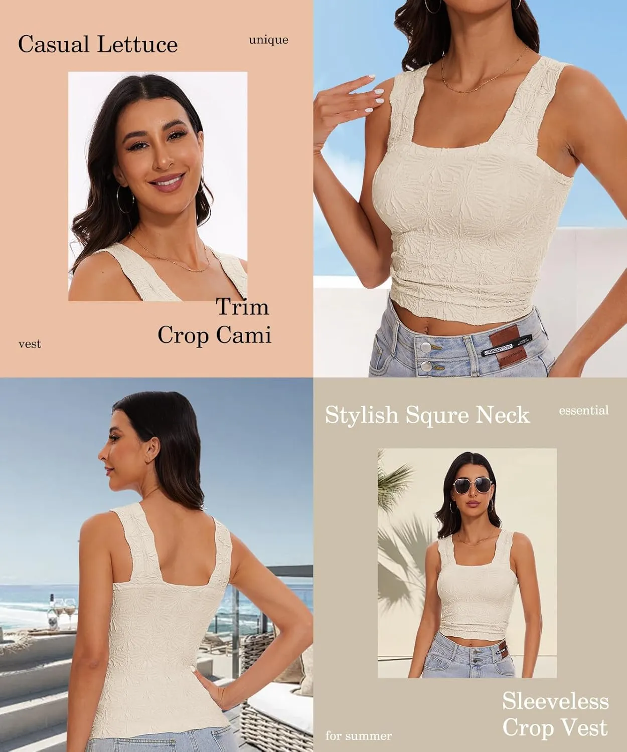 Women’s Square Neck Wide Strap Flower Cropped Tank Top Backless Lettuce Trim Slim Fit Love Letter Cami Vest