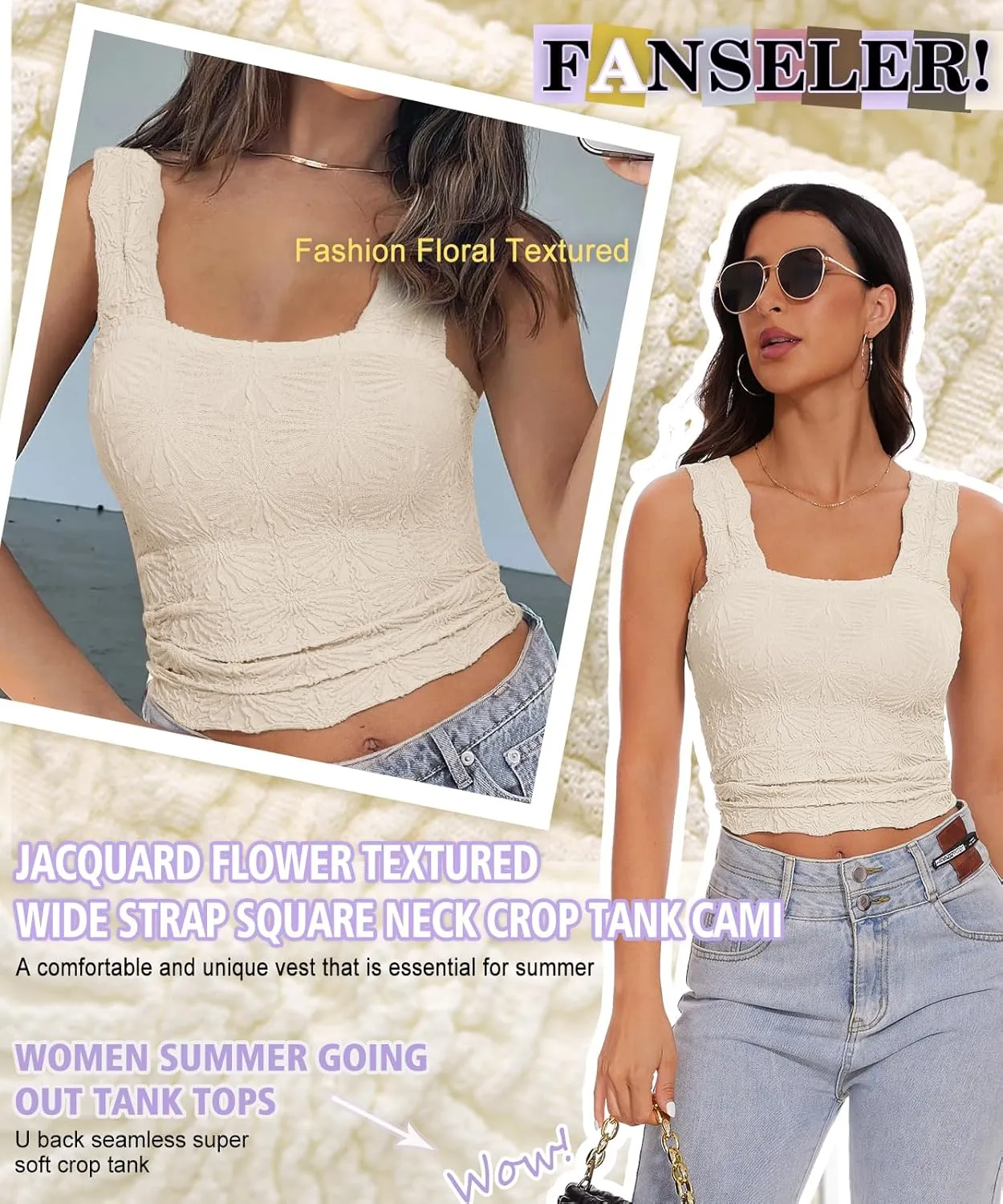 Women’s Square Neck Wide Strap Flower Cropped Tank Top Backless Lettuce Trim Slim Fit Love Letter Cami Vest