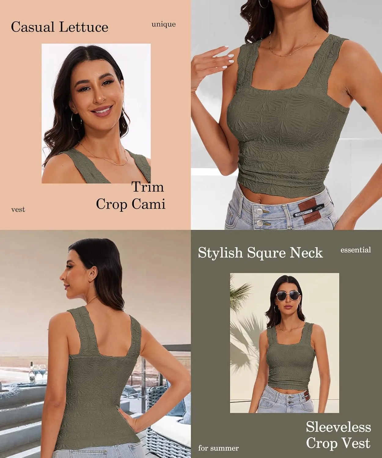 Women’s Square Neck Wide Strap Flower Cropped Tank Top Backless Lettuce Trim Slim Fit Love Letter Cami Vest
