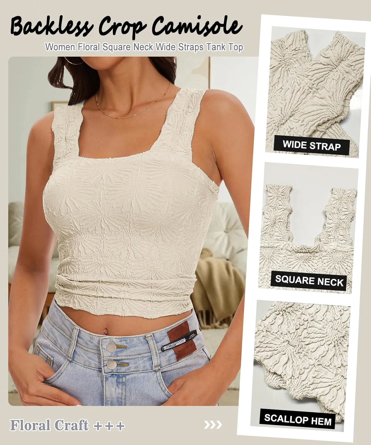 Women’s Square Neck Wide Strap Flower Cropped Tank Top Backless Lettuce Trim Slim Fit Love Letter Cami Vest
