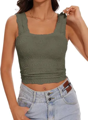 Women’s Square Neck Wide Strap Flower Cropped Tank Top Backless Lettuce Trim Slim Fit Love Letter Cami Vest