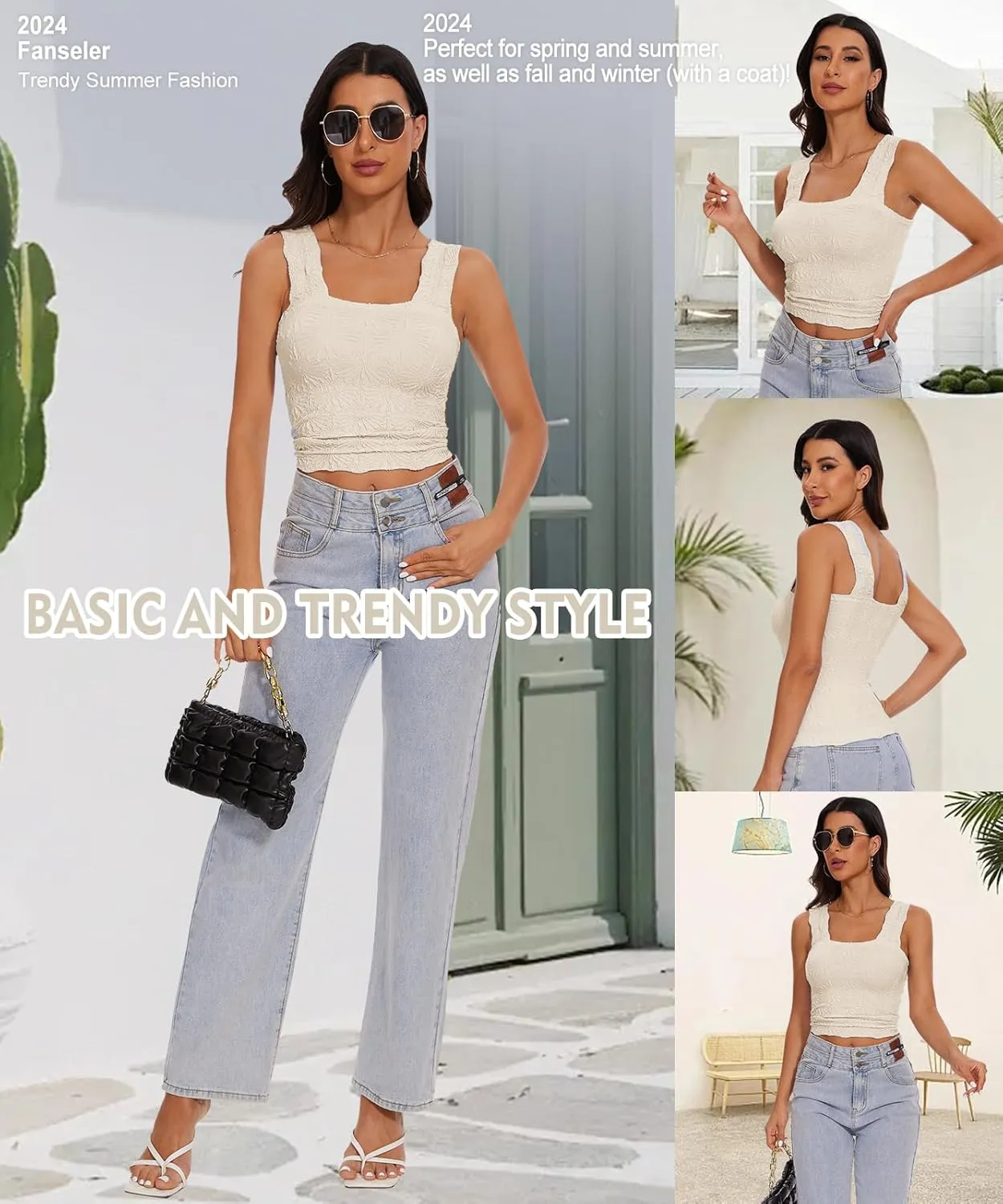 Women’s Square Neck Wide Strap Flower Cropped Tank Top Backless Lettuce Trim Slim Fit Love Letter Cami Vest