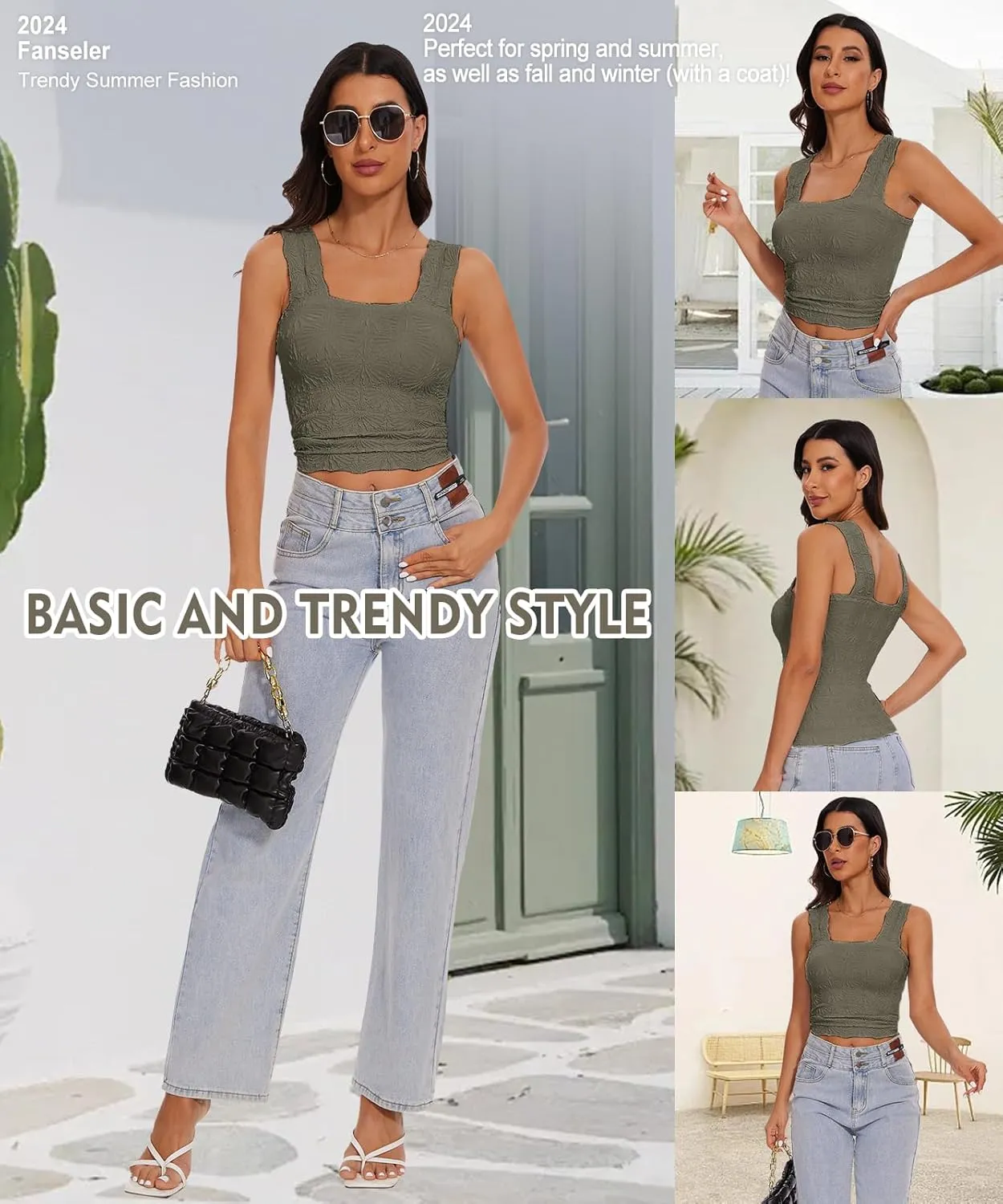 Women’s Square Neck Wide Strap Flower Cropped Tank Top Backless Lettuce Trim Slim Fit Love Letter Cami Vest