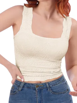 Women’s Square Neck Wide Strap Flower Cropped Tank Top Backless Lettuce Trim Slim Fit Love Letter Cami Vest