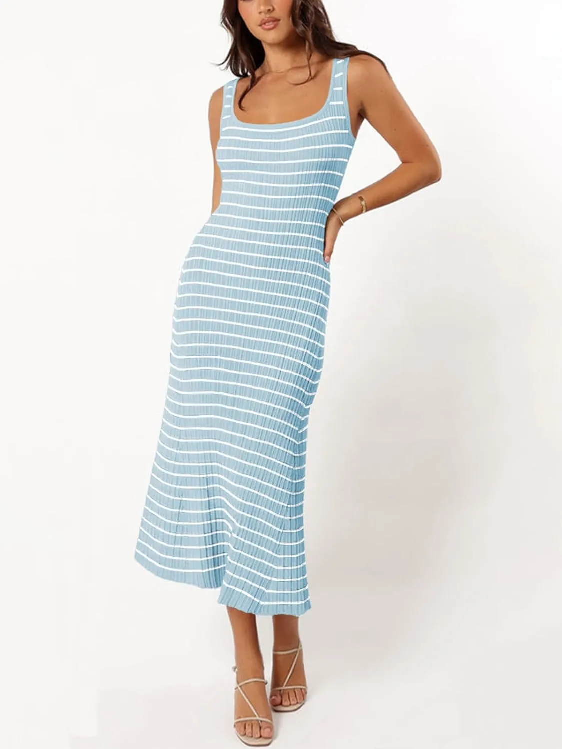 Womens Striped Bodycon Long Dress 2025 Summer Sleeveless Square Neck Ribbed Knit Tank Dress