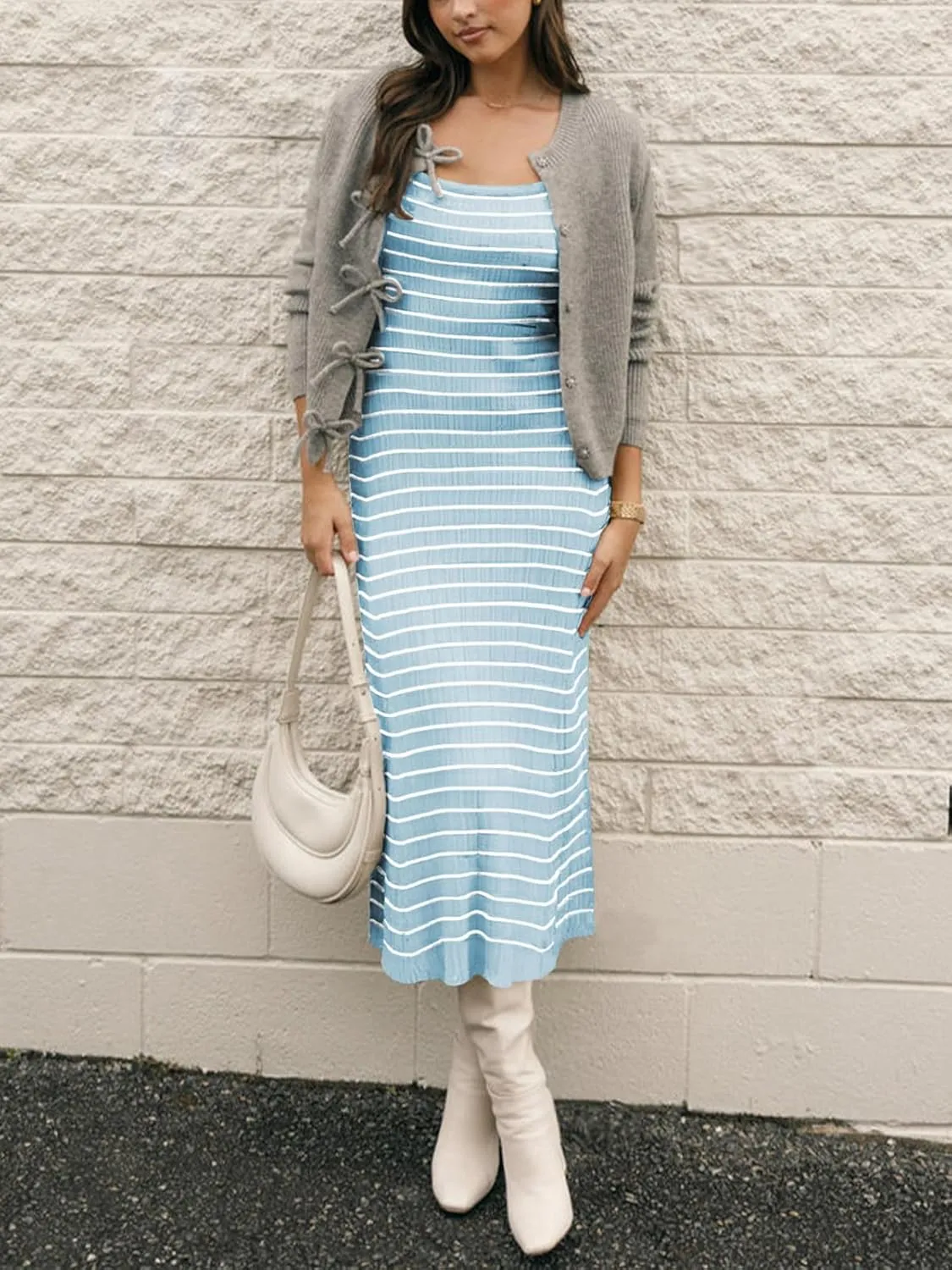 Womens Striped Bodycon Long Dress 2025 Summer Sleeveless Square Neck Ribbed Knit Tank Dress