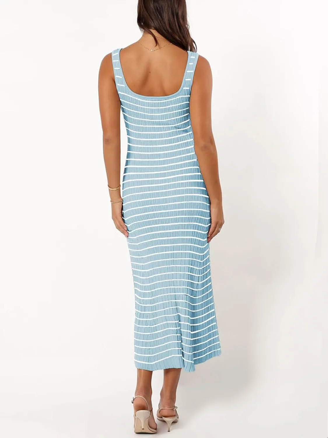Womens Striped Bodycon Long Dress 2025 Summer Sleeveless Square Neck Ribbed Knit Tank Dress