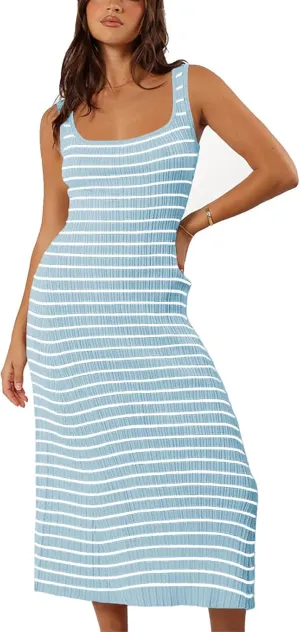 Womens Striped Bodycon Long Dress 2025 Summer Sleeveless Square Neck Ribbed Knit Tank Dress