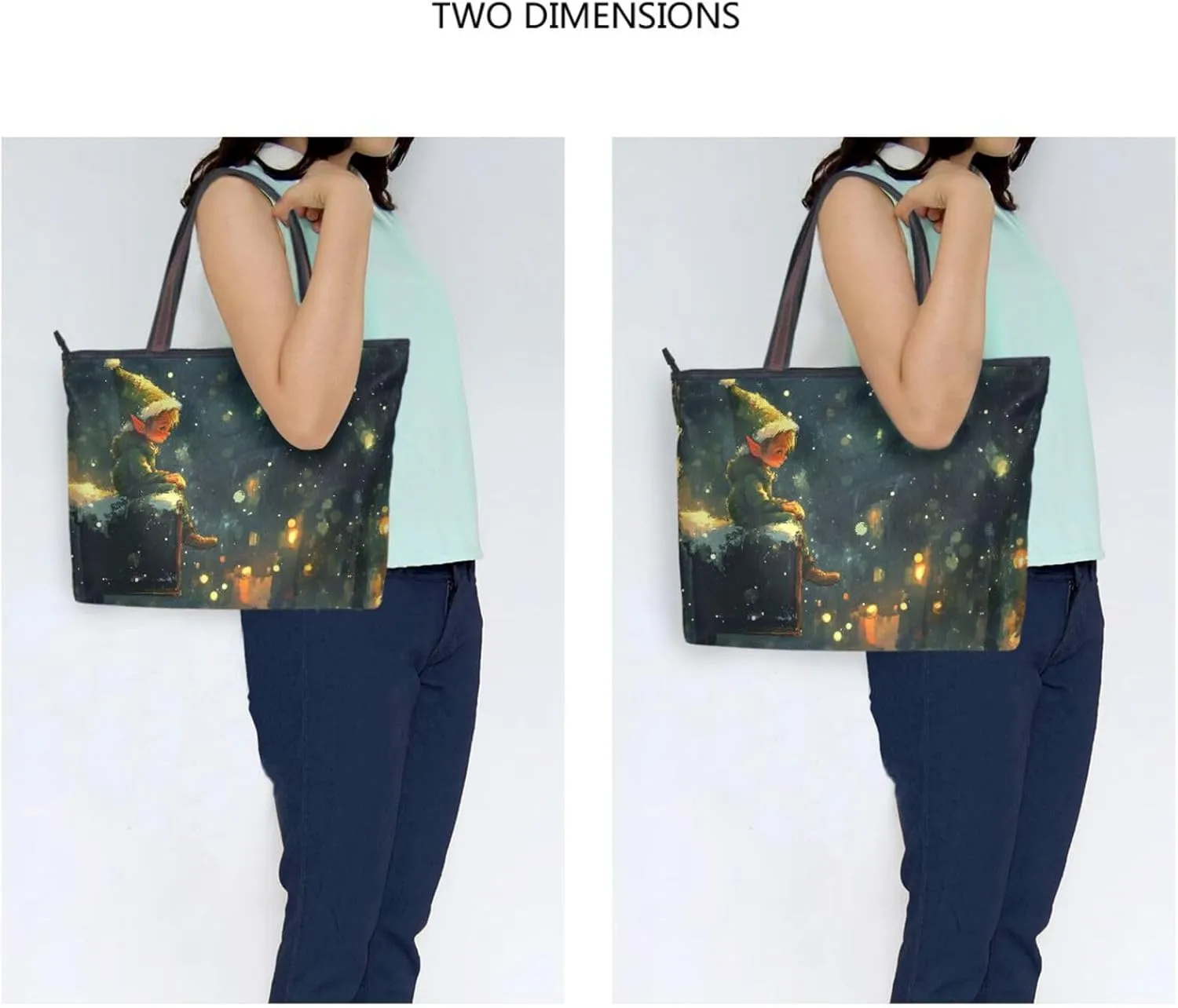 Women's Tote Bag Fairy Mailbox Print, Large Capacity Zipper Shoulder Bag Handbag Reusable Grocery Bag Large