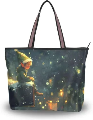 Women's Tote Bag Fairy Mailbox Print, Large Capacity Zipper Shoulder Bag Handbag Reusable Grocery Bag Large