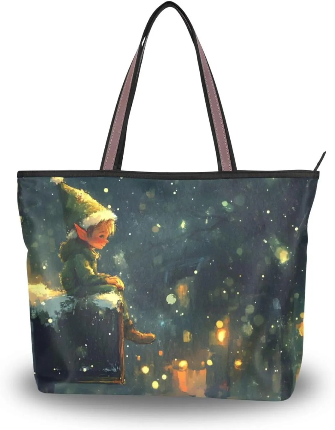 Women's Tote Bag Fairy Mailbox Print, Large Capacity Zipper Shoulder Bag Handbag Reusable Grocery Bag Large