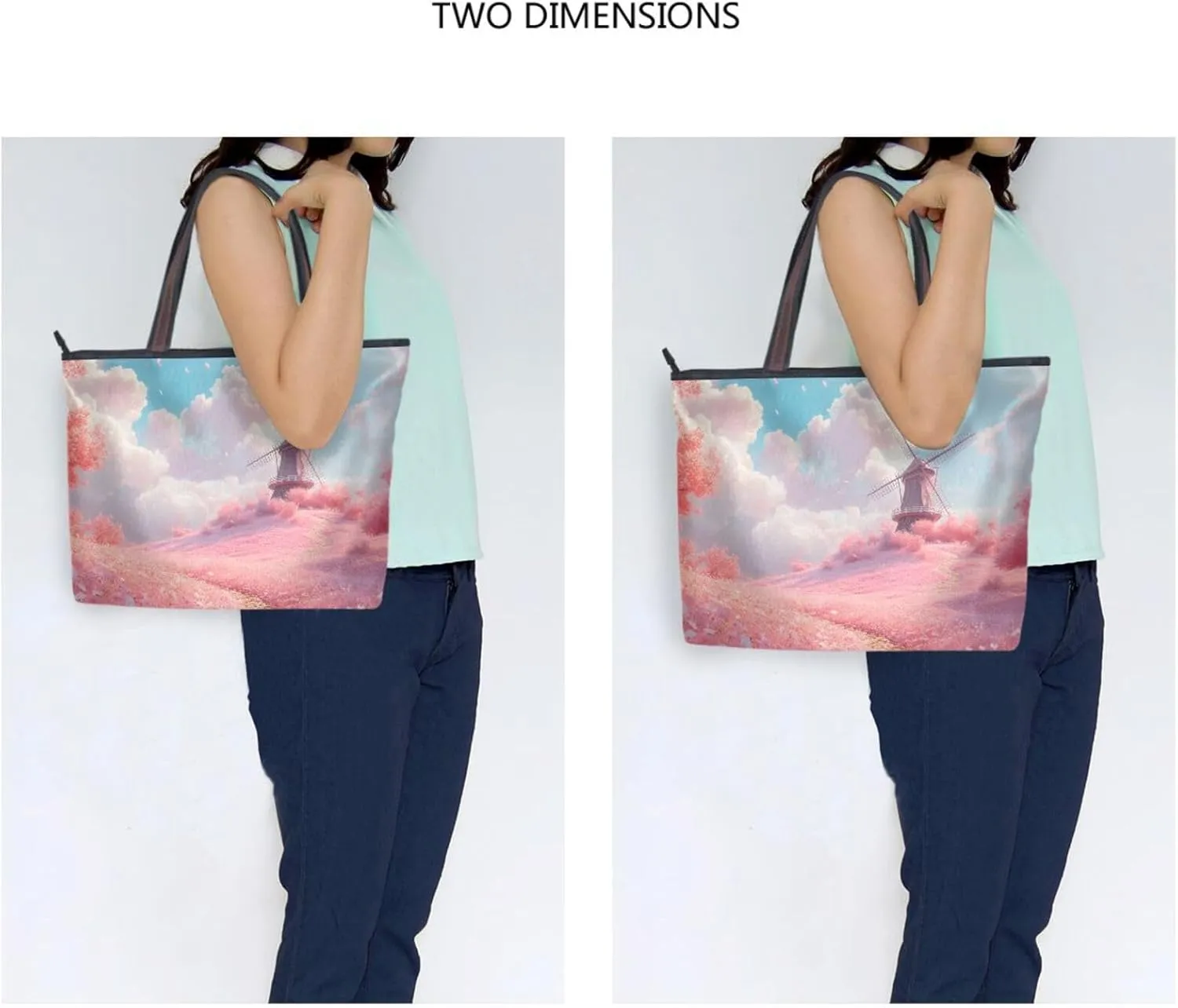Women's Tote Bag Red Windmill Landscape Print, Large Capacity Zipper Shoulder Bag Handbag Reusable Grocery Bag L
