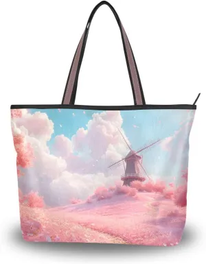 Women's Tote Bag Red Windmill Landscape Print, Large Capacity Zipper Shoulder Bag Handbag Reusable Grocery Bag L
