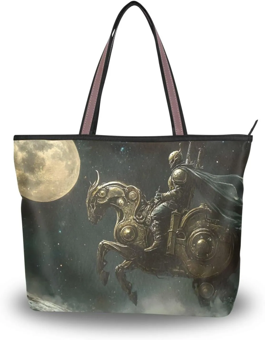 Women's Tote Bag Steampunk Knight Print, Large Capacity Zipper Shoulder Bag Handbag Reusable Grocery Bag Large