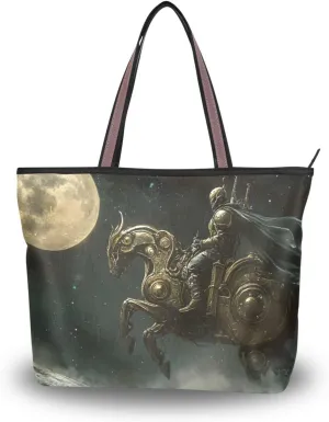 Women's Tote Bag Steampunk Knight Print, Large Capacity Zipper Shoulder Bag Handbag Reusable Grocery Bag Large