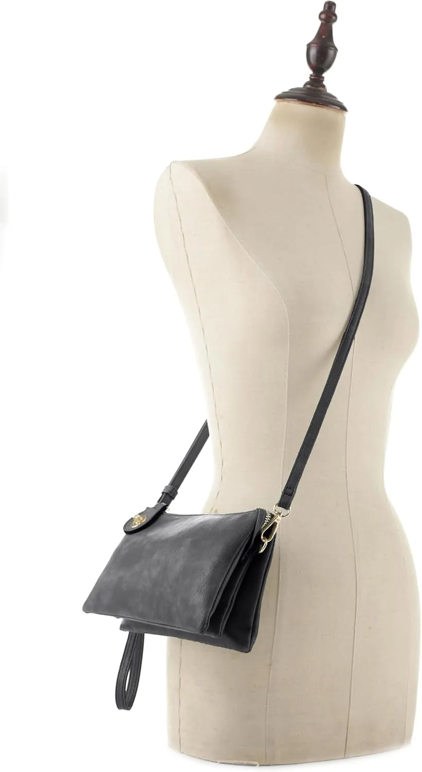 Women's Turn Lock Closure Wristlet Clutch and Crossbody, Multiple Compartment