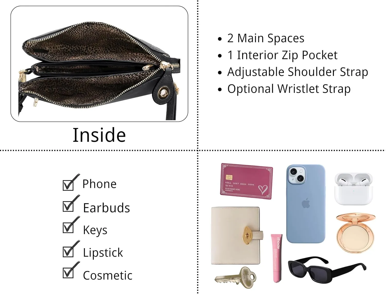 Women's Turn Lock Closure Wristlet Clutch and Crossbody, Multiple Compartment