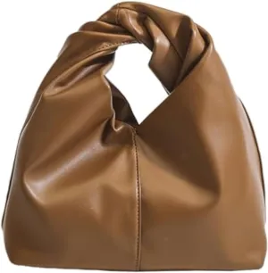 Women's Twist Top Magnetic Closure Ruched Cloud Handbag Soft Leather Y2K Hobo Evening Bags for Shopping Traveling Dating (Brown)