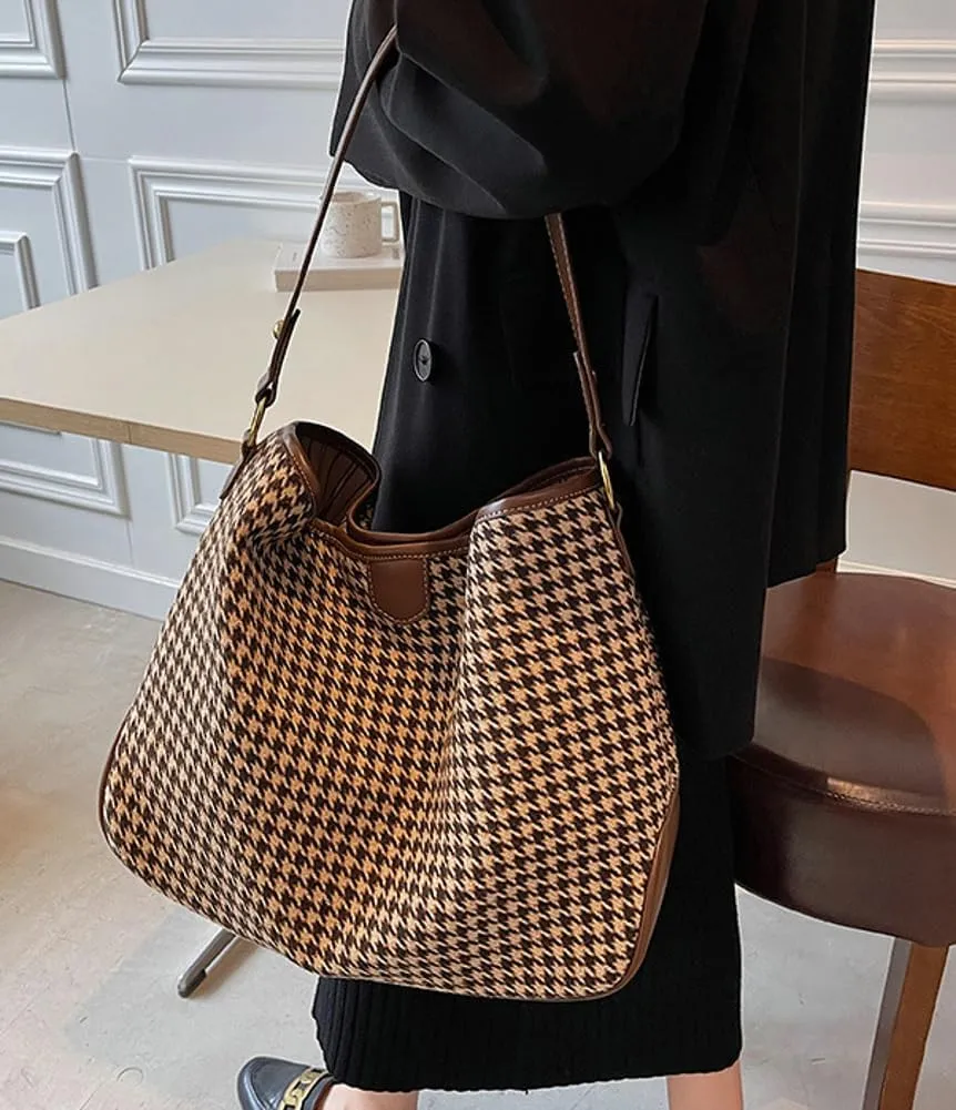 Women's Woven Shoulder Crossbody Bag Fashion Checkered Large Totes Casual Handbag Top Handle Purse