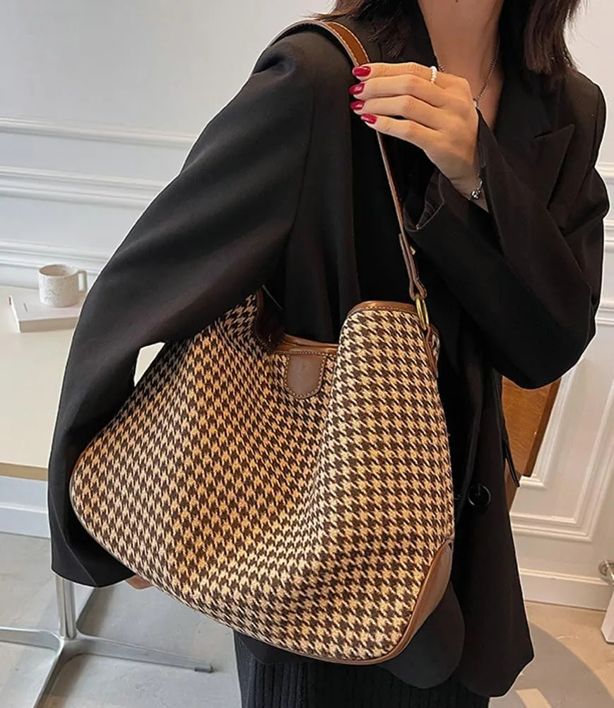 Women's Woven Shoulder Crossbody Bag Fashion Checkered Large Totes Casual Handbag Top Handle Purse