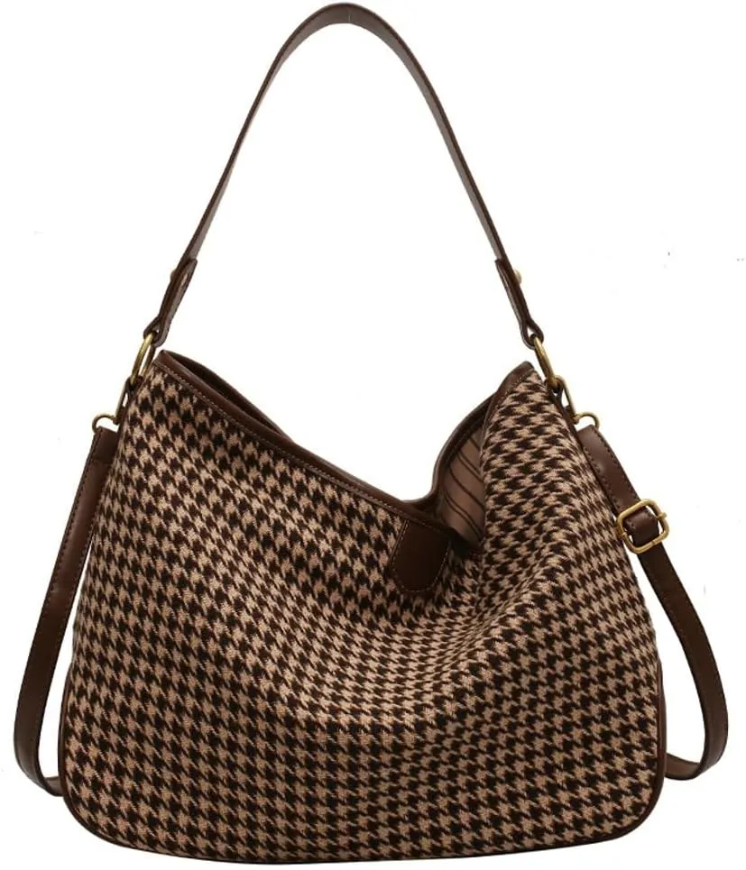 Women's Woven Shoulder Crossbody Bag Fashion Checkered Large Totes Casual Handbag Top Handle Purse