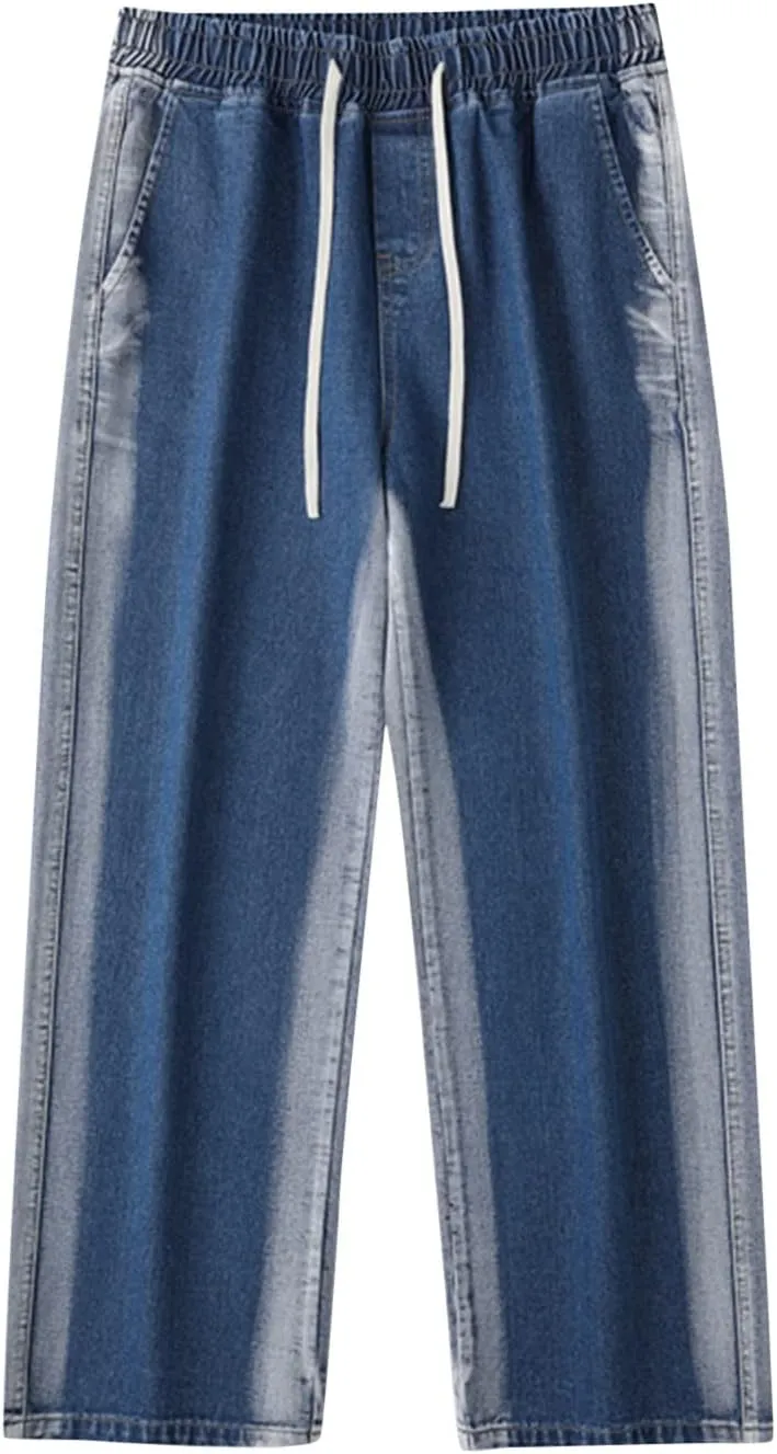 Work Long Trousers Jeans Pants Pocket Drawstring Waist Solid Color Slim Toe Jeans Taper Jean Men's Straight Fit